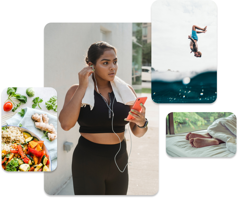 Collection of images including a healthy meal, an active young hispanic woman, a man diving and a person sleeping