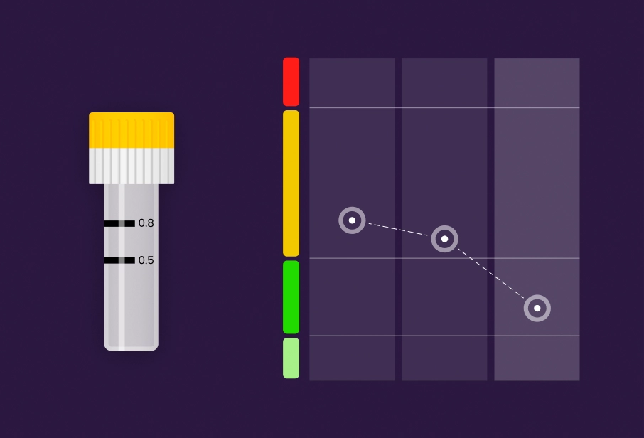 Illustration of a blood test vial alongside an abstract data visualisation