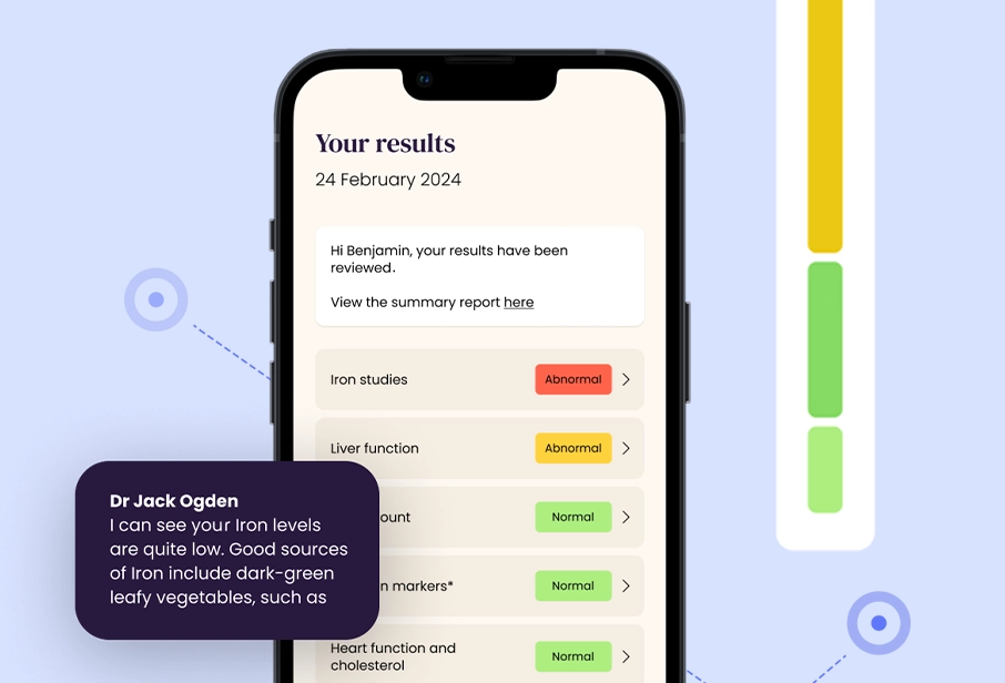 App screen depicting blood test results and doctor's notes